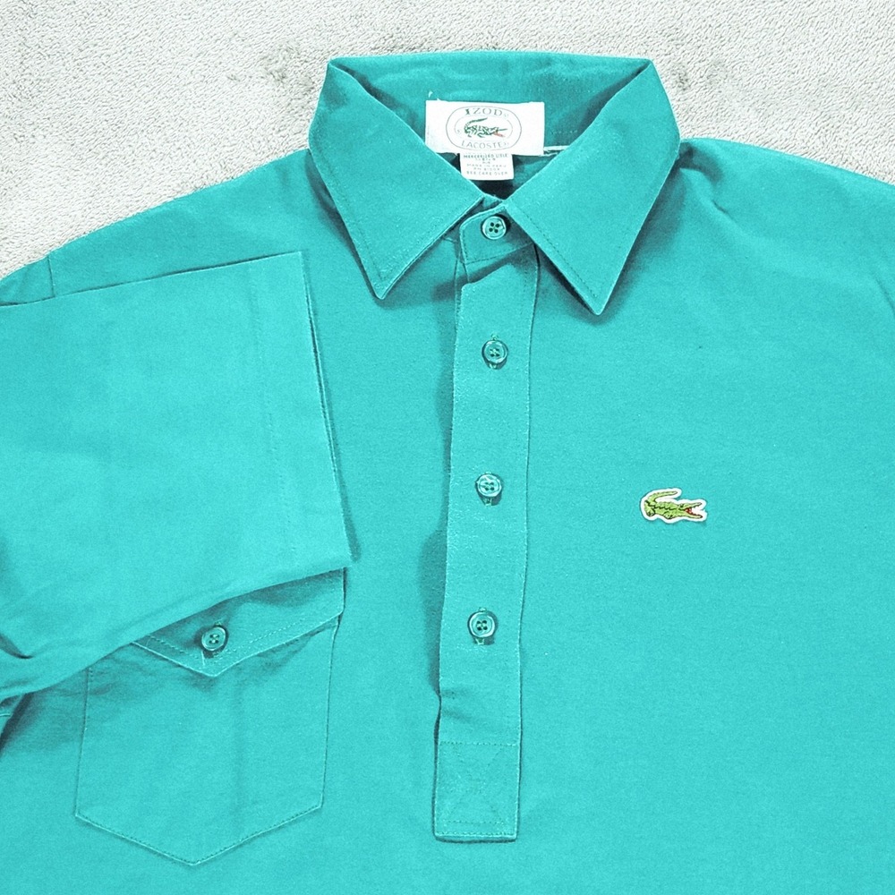 Izod Lacoste Polo Shirt Mens Medium Green Solid Pocket Mercerized Cotton‎ Logo